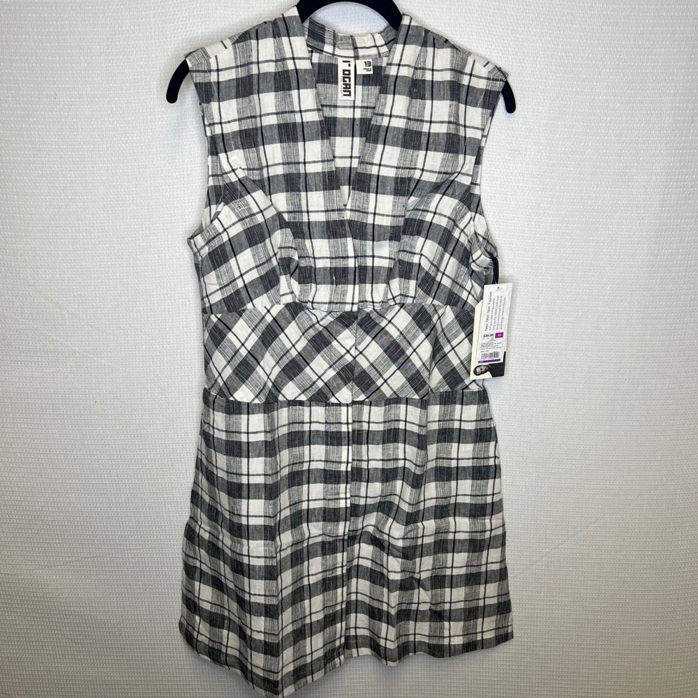 Rogan for Target Black White Plaid 100% Linen Sleeveless VNeck Mini Dress 13 NWT